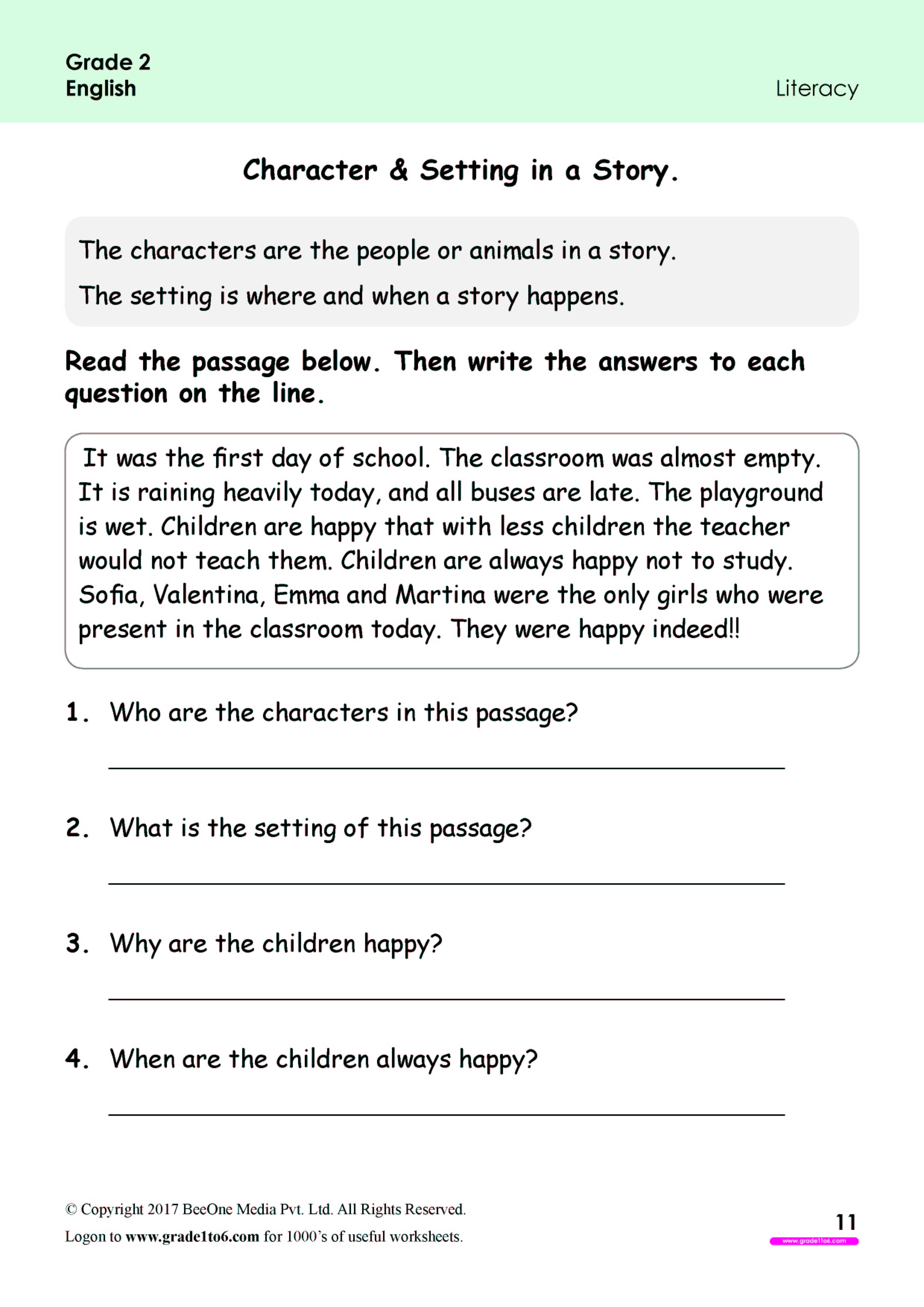 Character & Settings in a story Worksheets|www.grade1to6.com