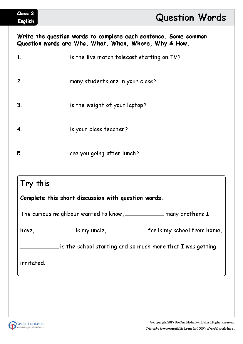 question words english worksheet for class 3