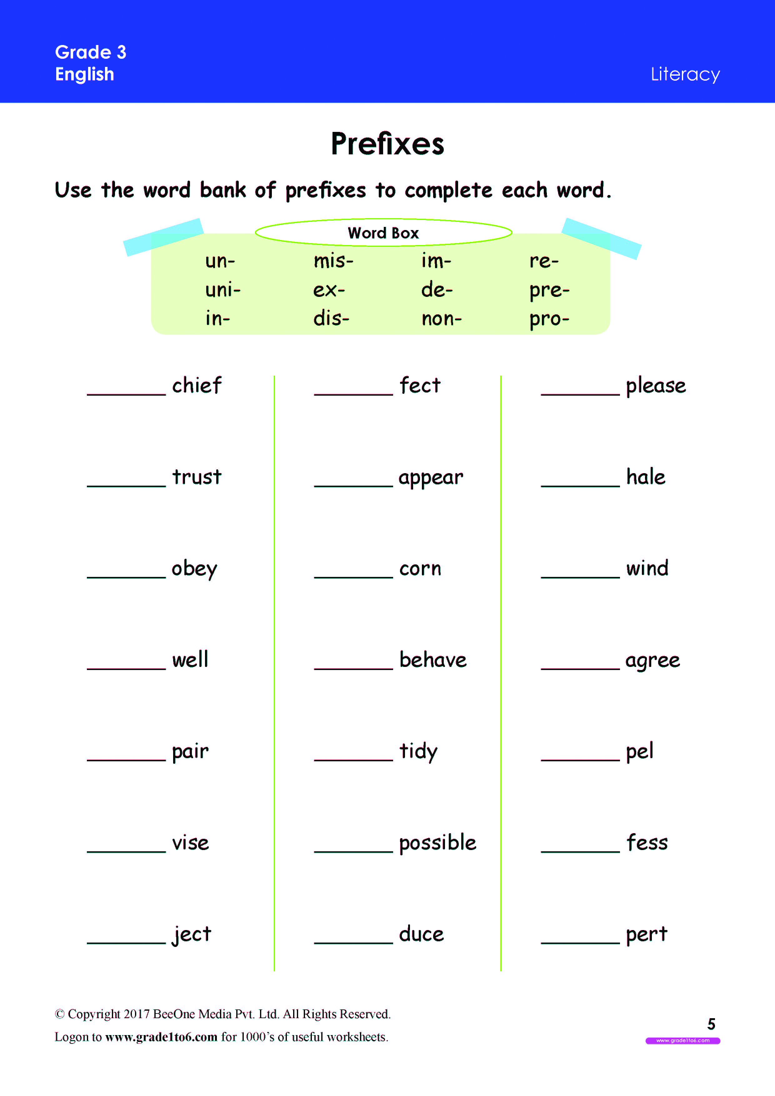 Prefix Worksheets Grade 3|www.grade1to6.com