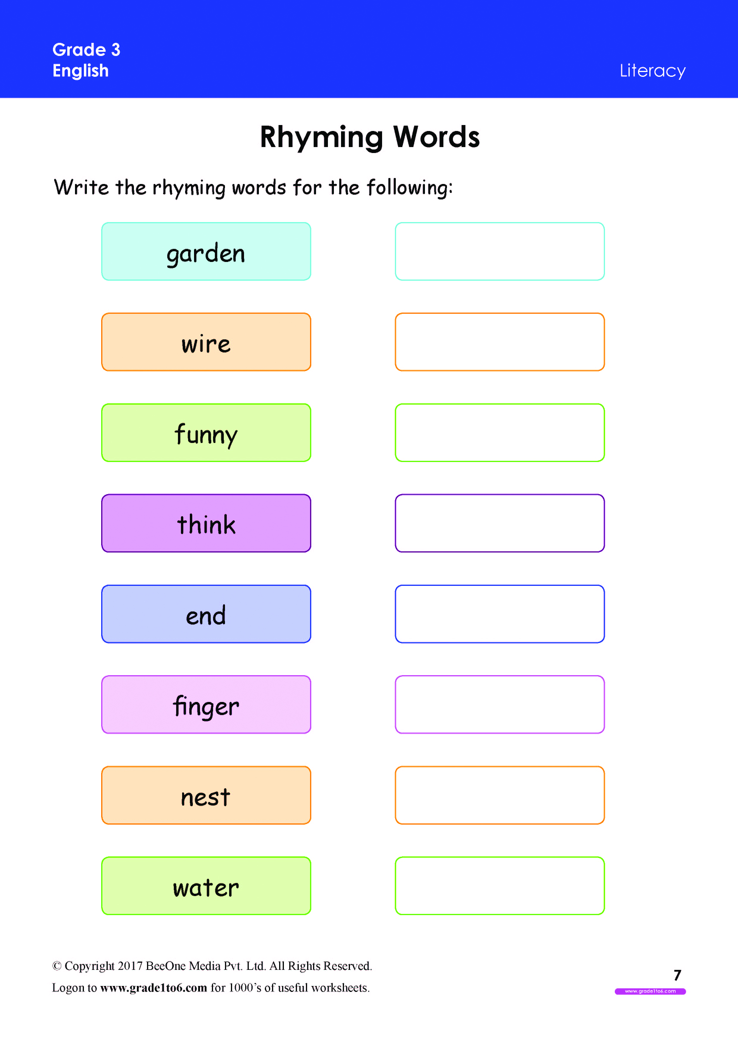Rhyming Words Worksheets Grade 3 www grade1to6