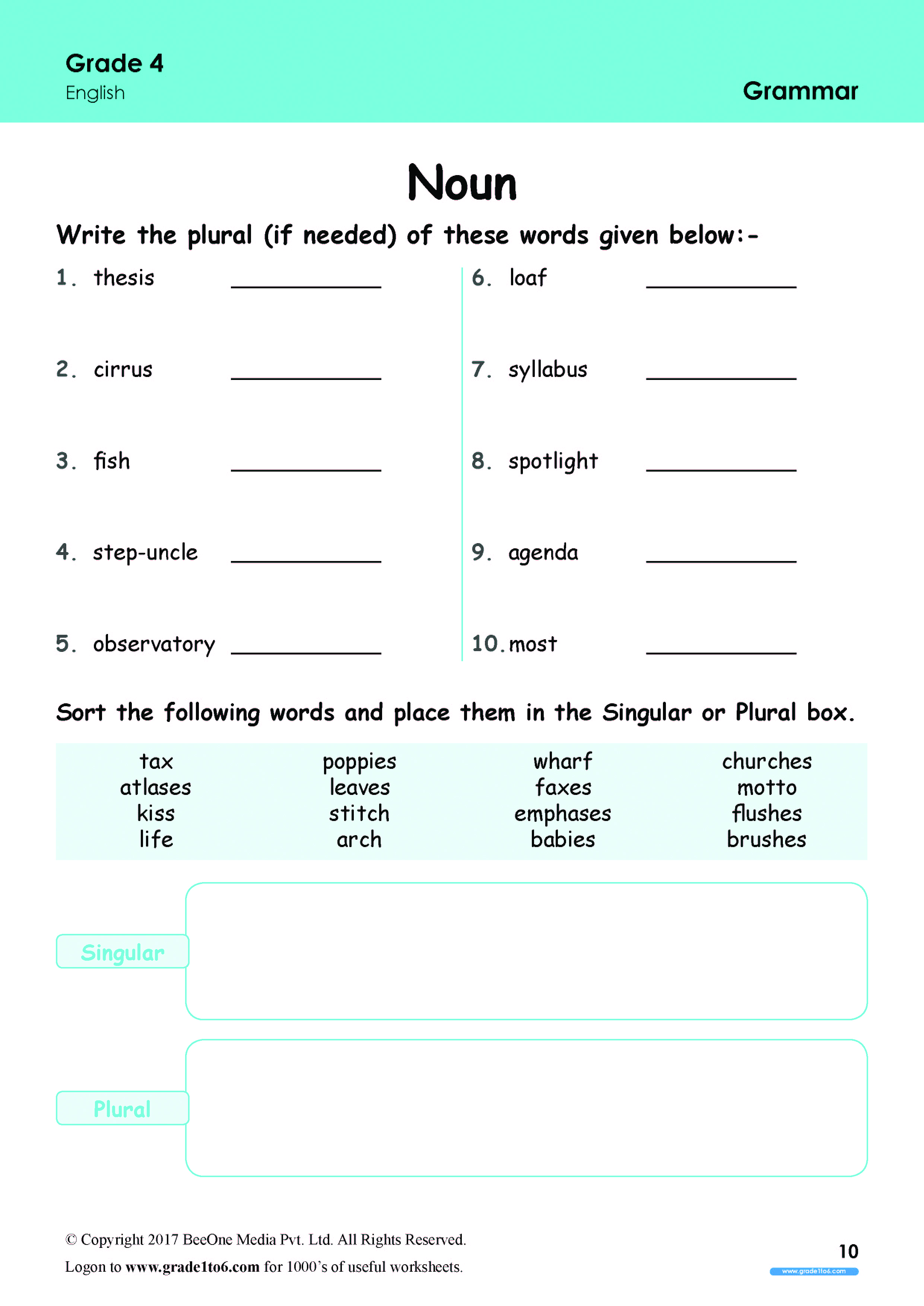 Grade 4 Singular And Plural Nouns Worksheet
