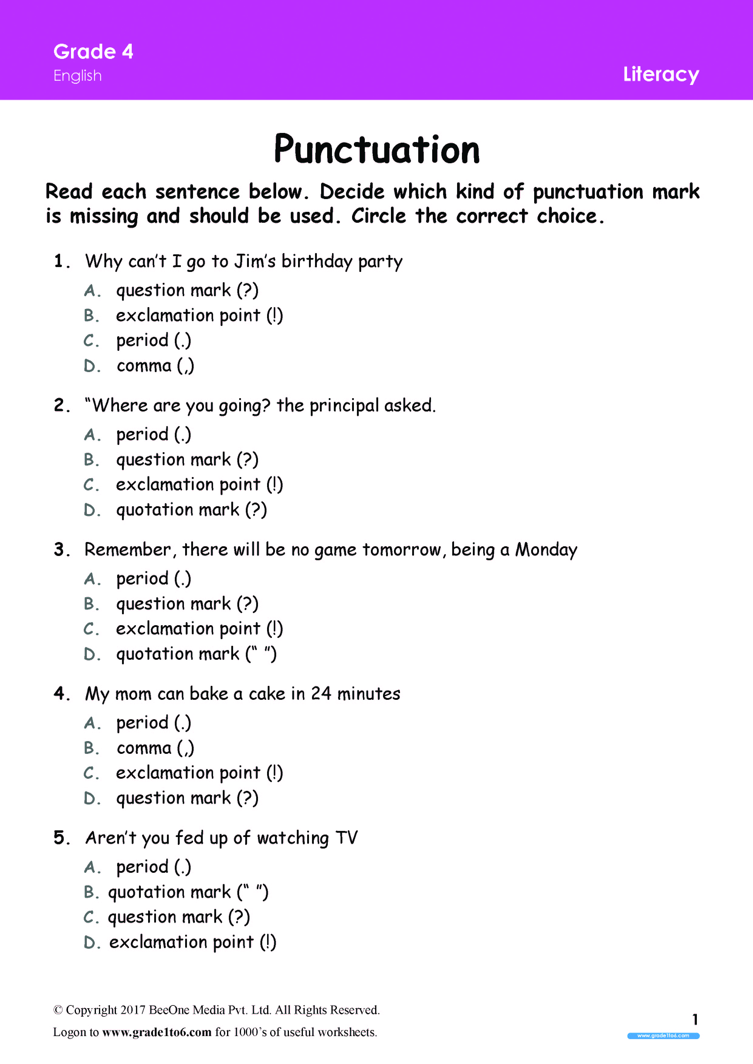 Punctuation Worksheets Grade 4 Www Grade1to6 Com