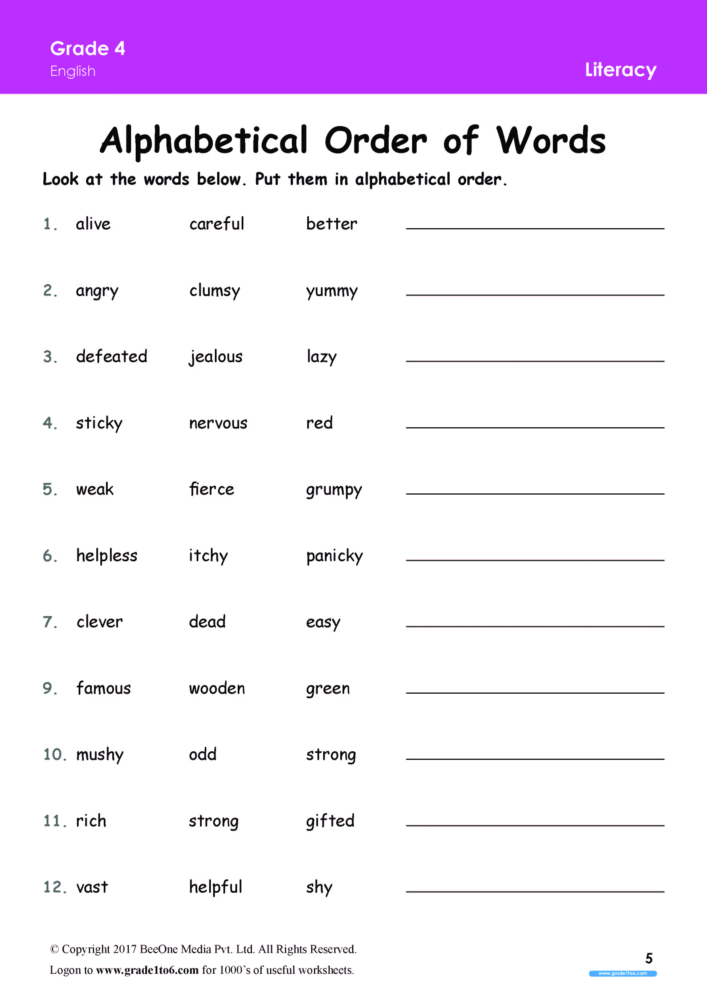 Alphabetical Order Worksheets Grade 4 Www Grade1to6 Com