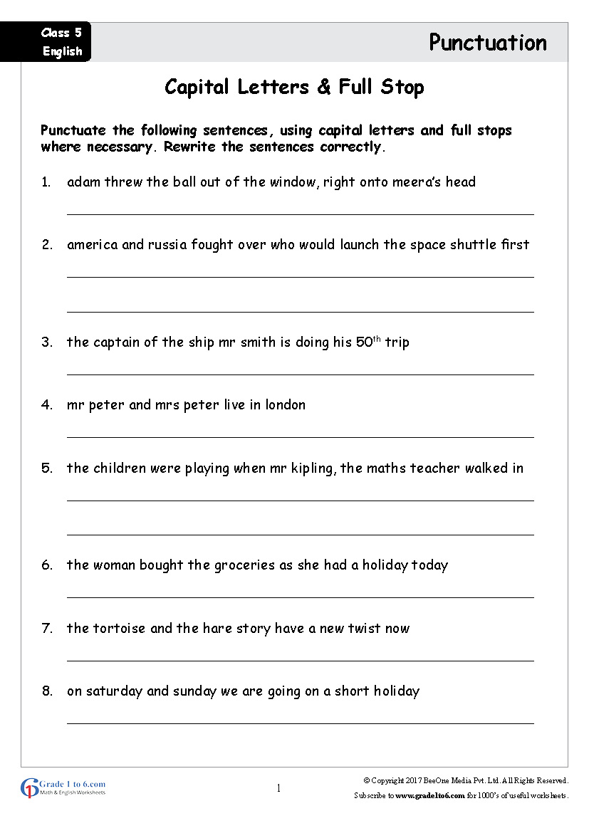 5th class english punctuation worksheets www grade1to6 com