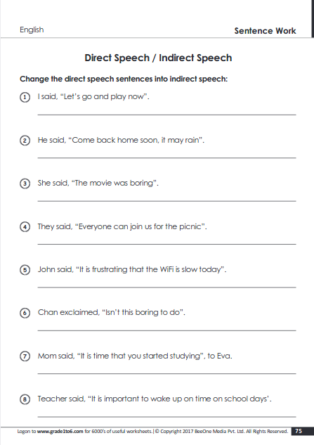 direct indirect speech worksheets grade 6 www grade1to6 com