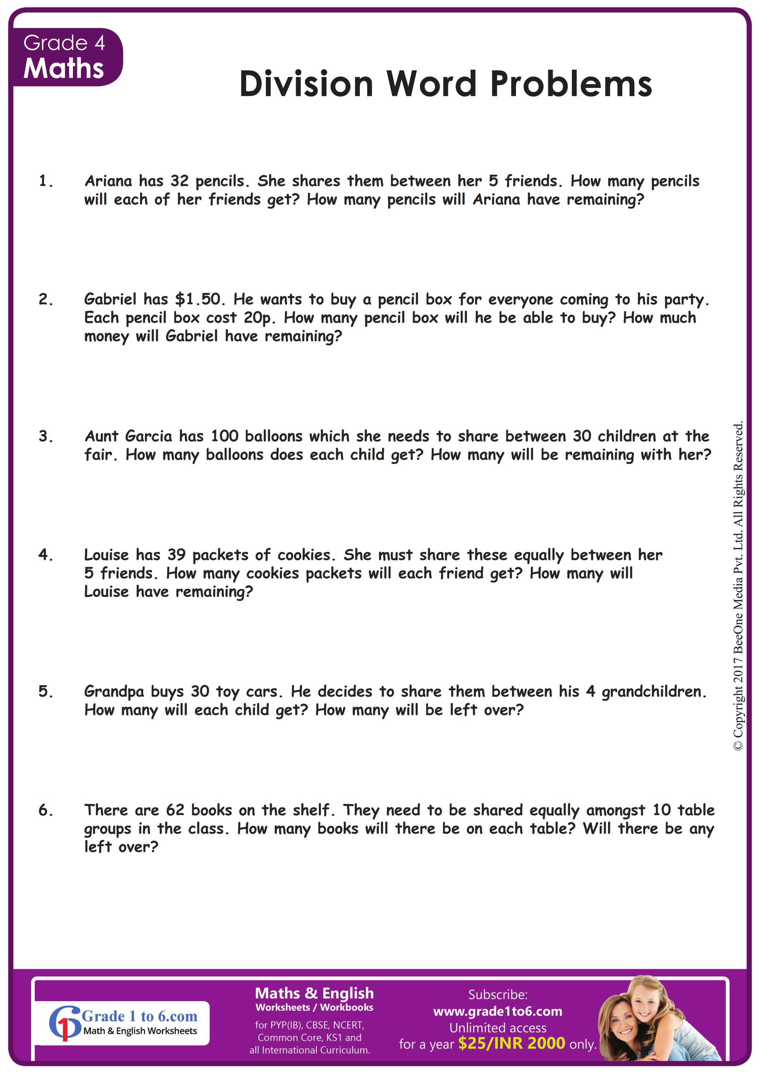 Division word problem worksheets Grade 4 Grade1to6