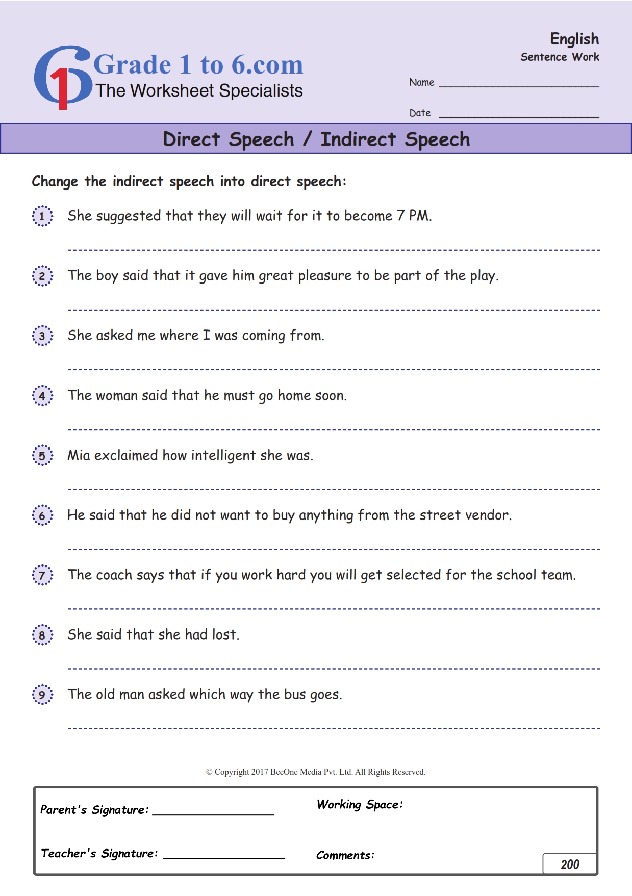 English Worksheets Grade 6 Direct And Indirect Speech
