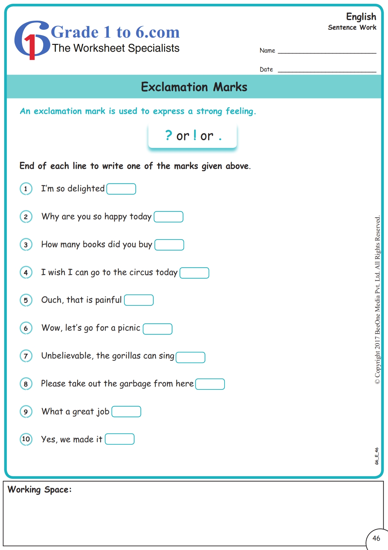 exclamation marks worksheets grade1to6