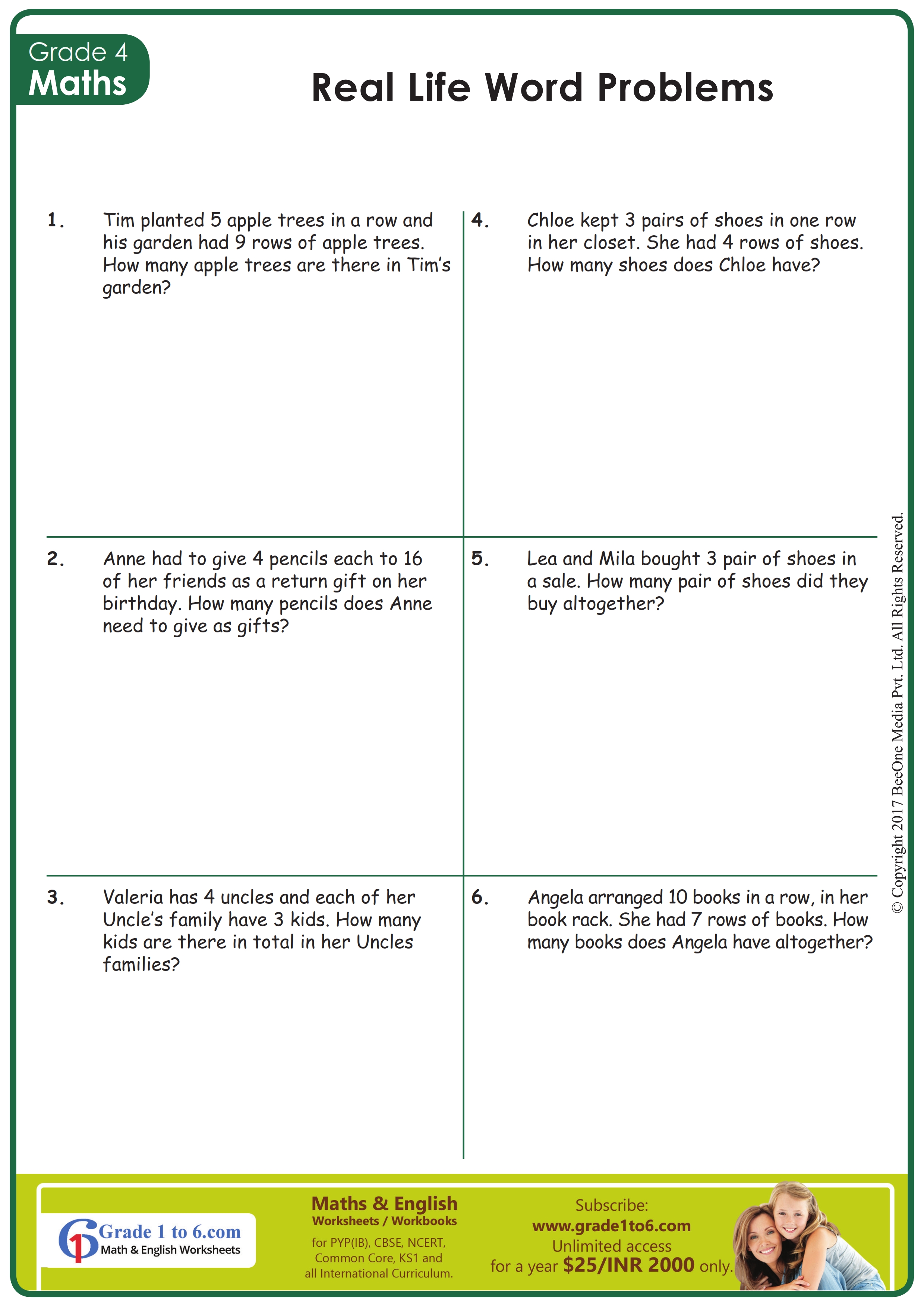 Word Problems On Multiplication Worksheet Grade 4