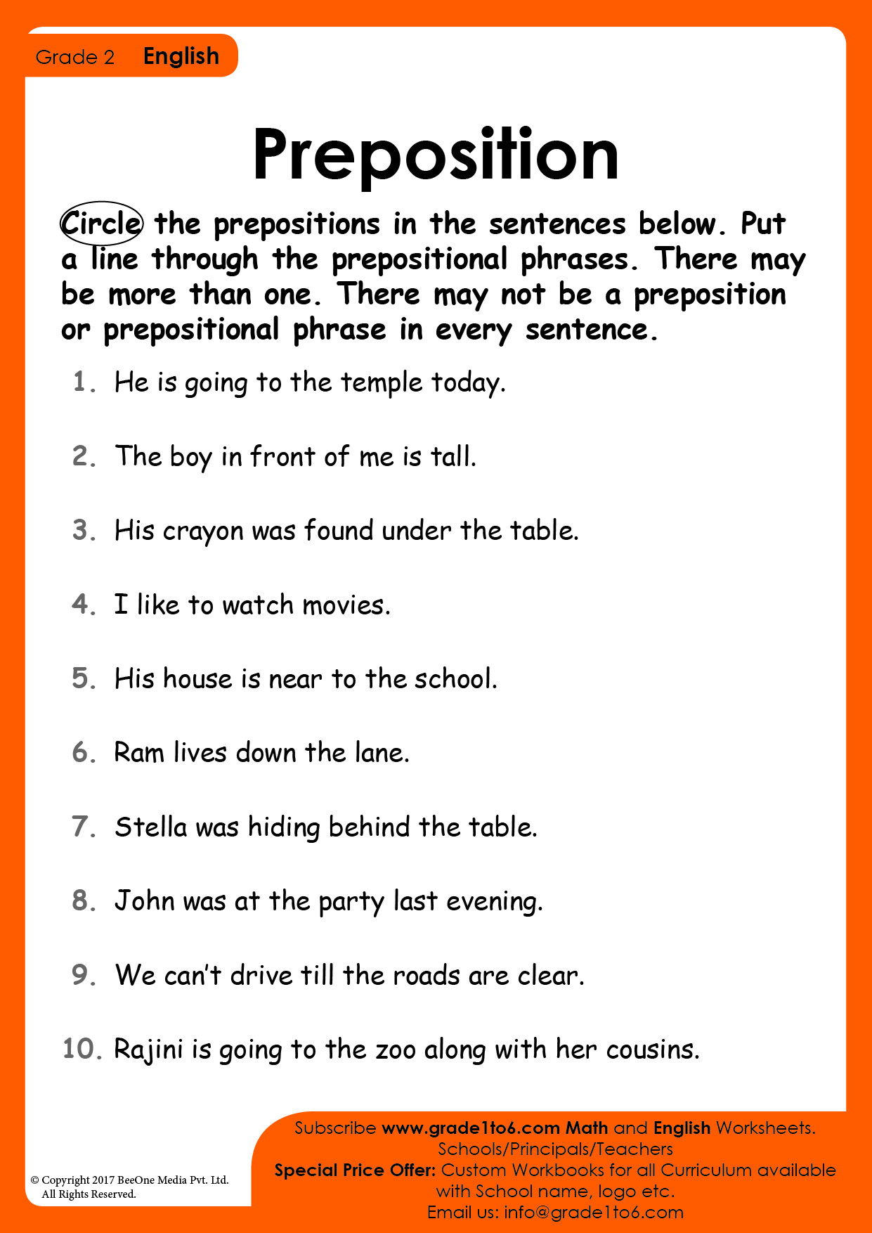Preposition Worksheets Grade1to6 com