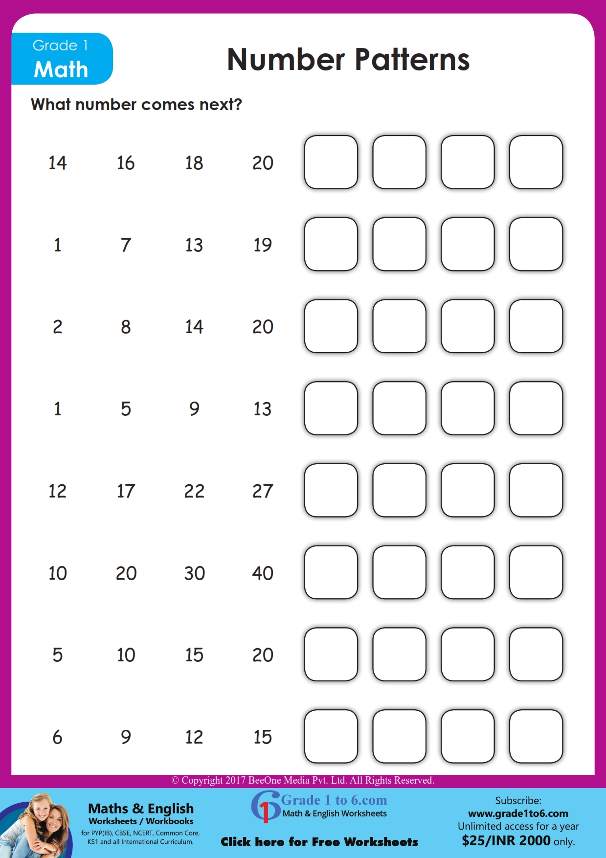 Grade 1 Number Pattern Worksheet Grade1to6