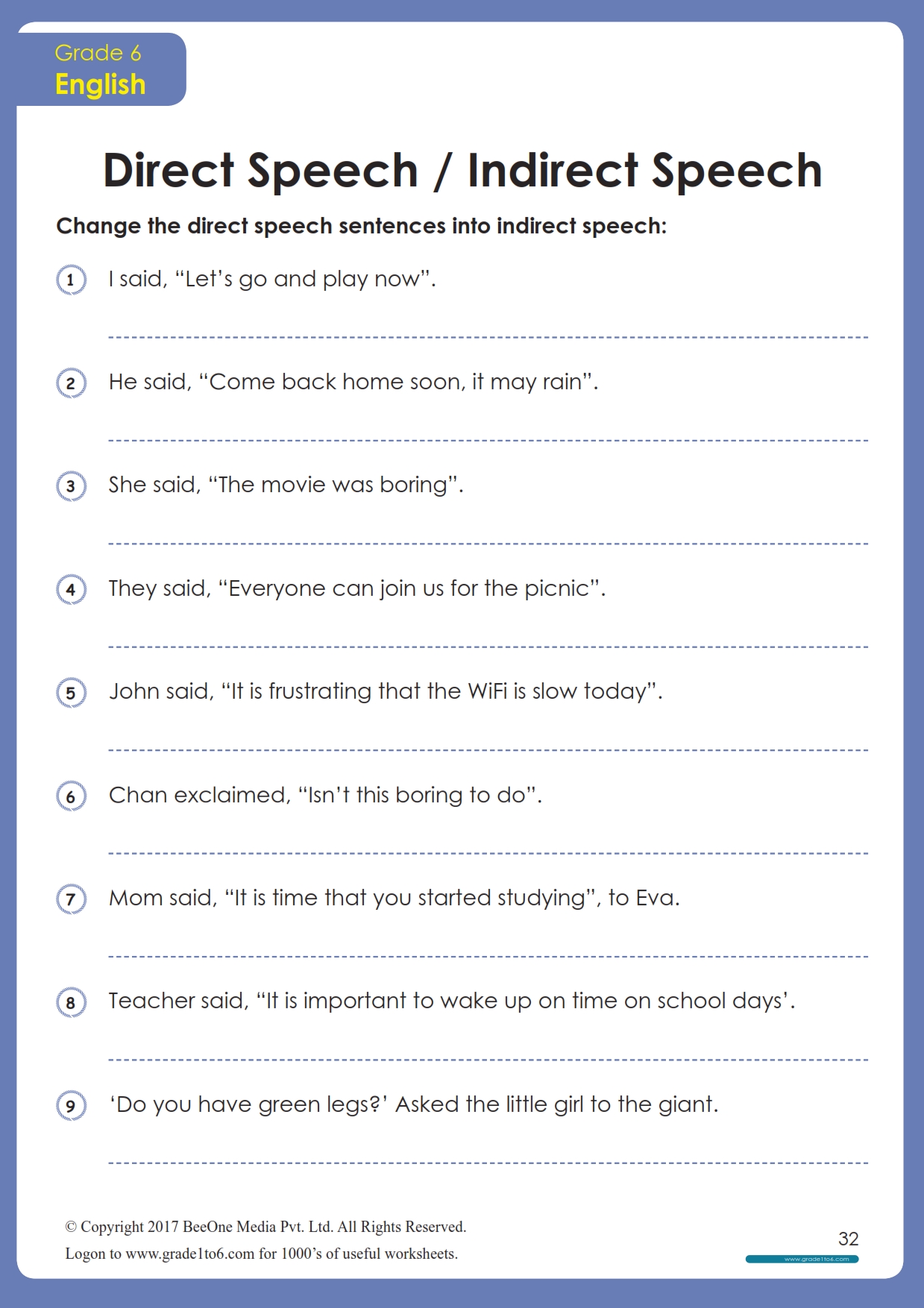 worksheet based on direct and indirect speech