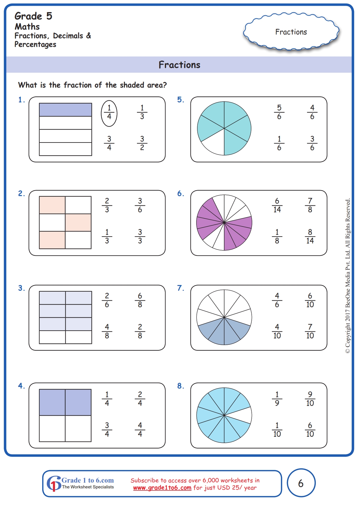 Fraction of Shaded Area Worksheets Grade1to6 com