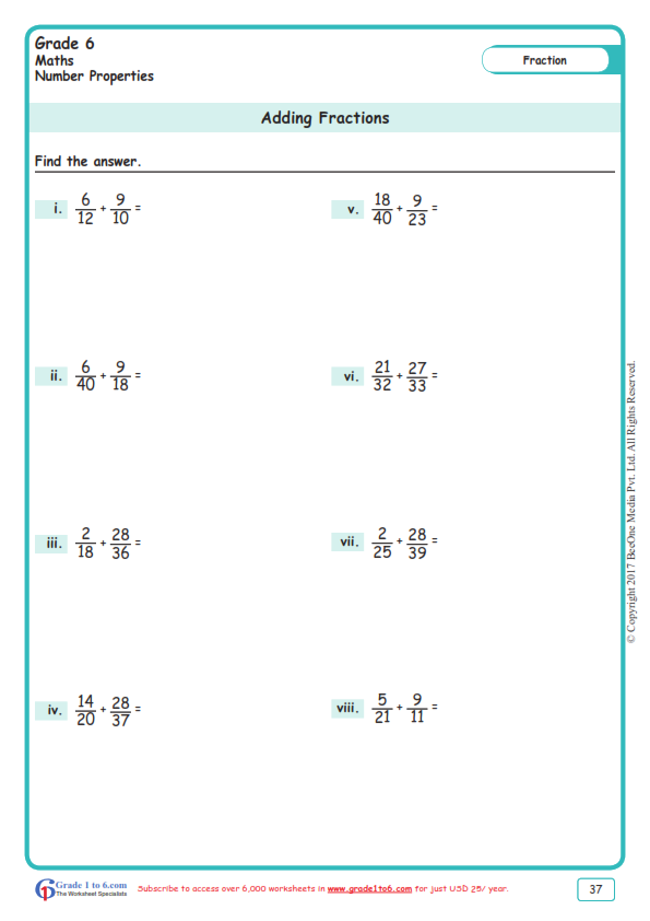 adding fractions worksheets grade1to6 com
