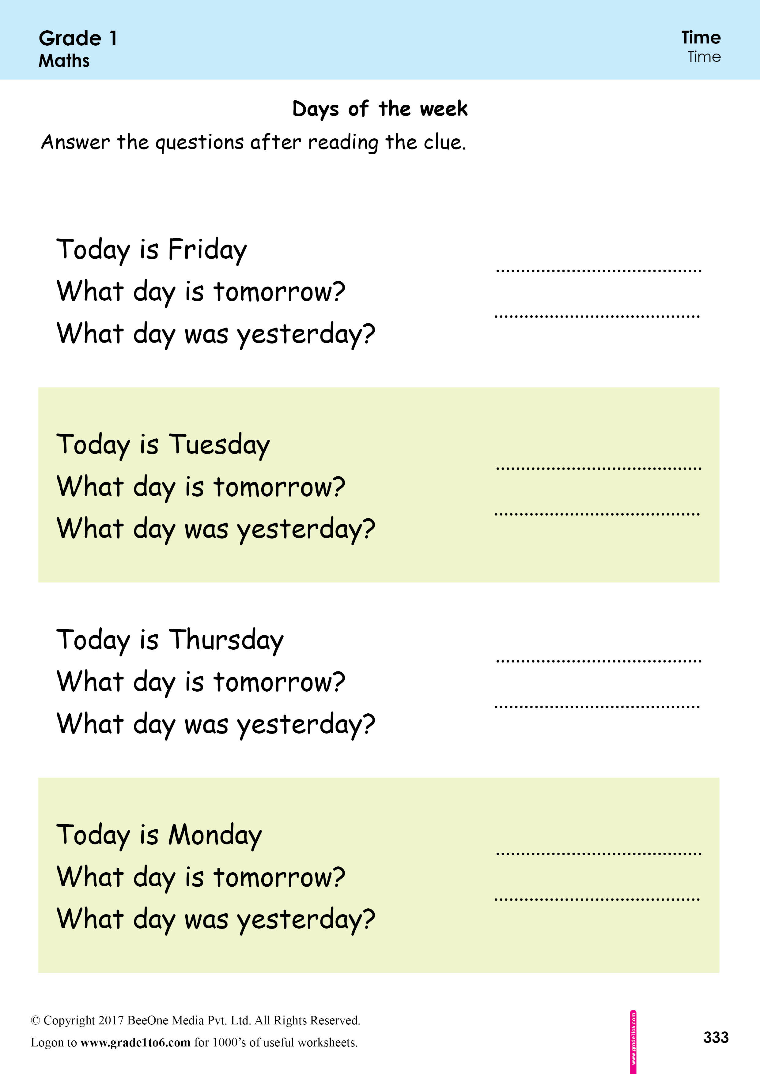 Days Of The Week 1st Grade Worksheets Time