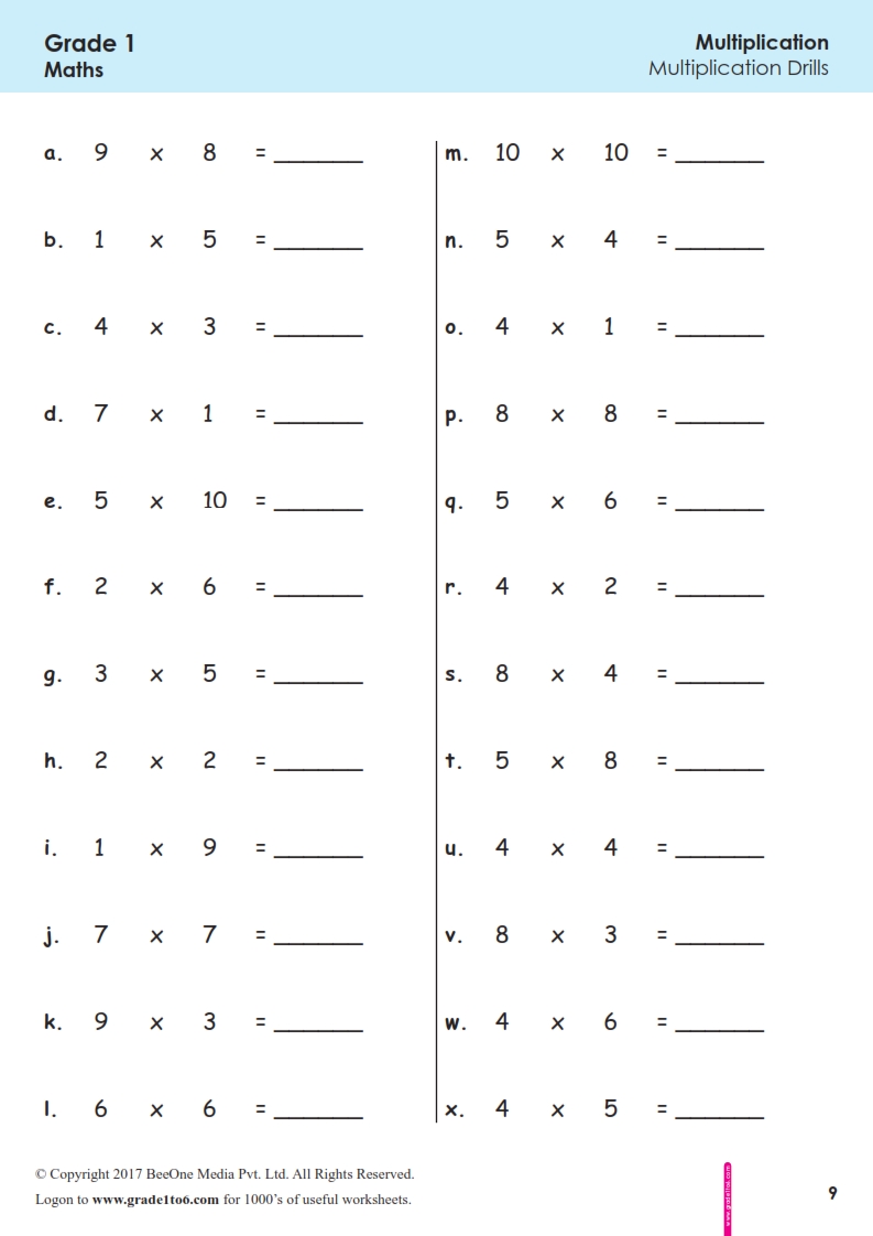 First Grade| Class 1 Multiplication Worksheets|grade1to6.com