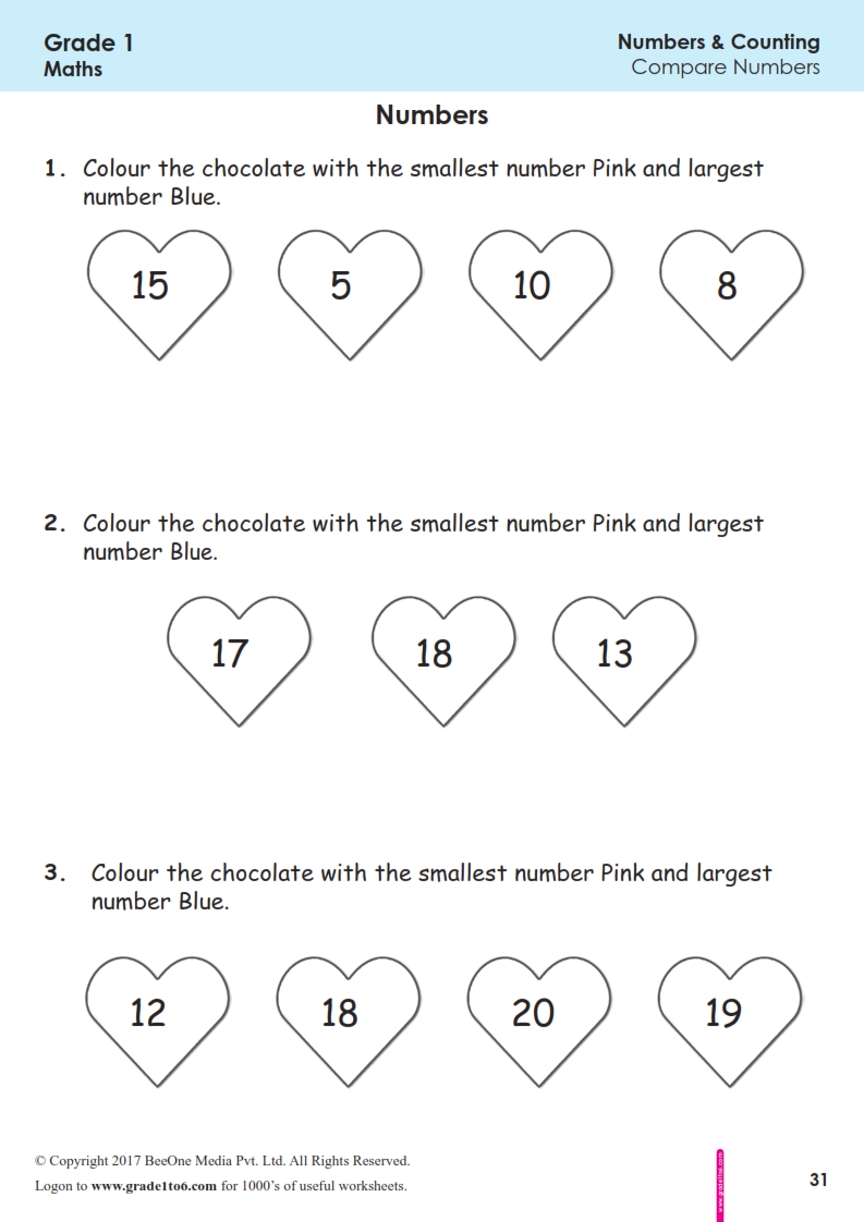 first grade class 1 smallest largest number worksheets