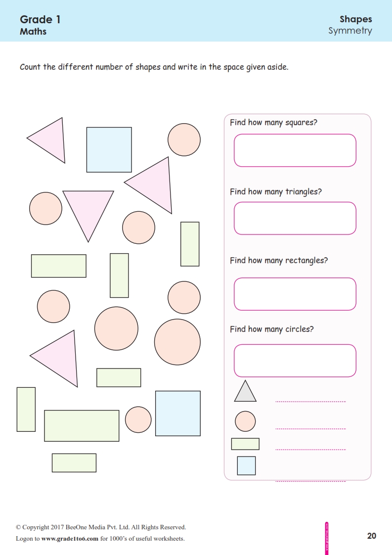 First Grade| Class 1 Shapes Worksheets|grade1to6.com