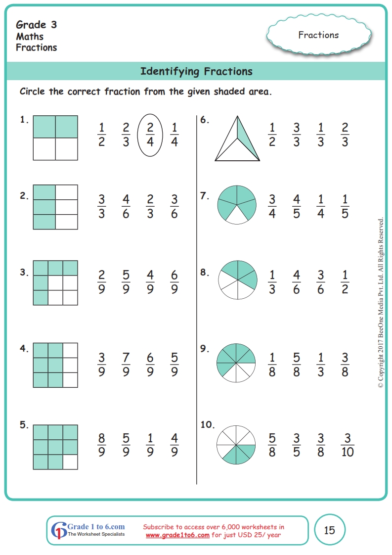grade 3 identifying fractions worksheets www grade1to6 com