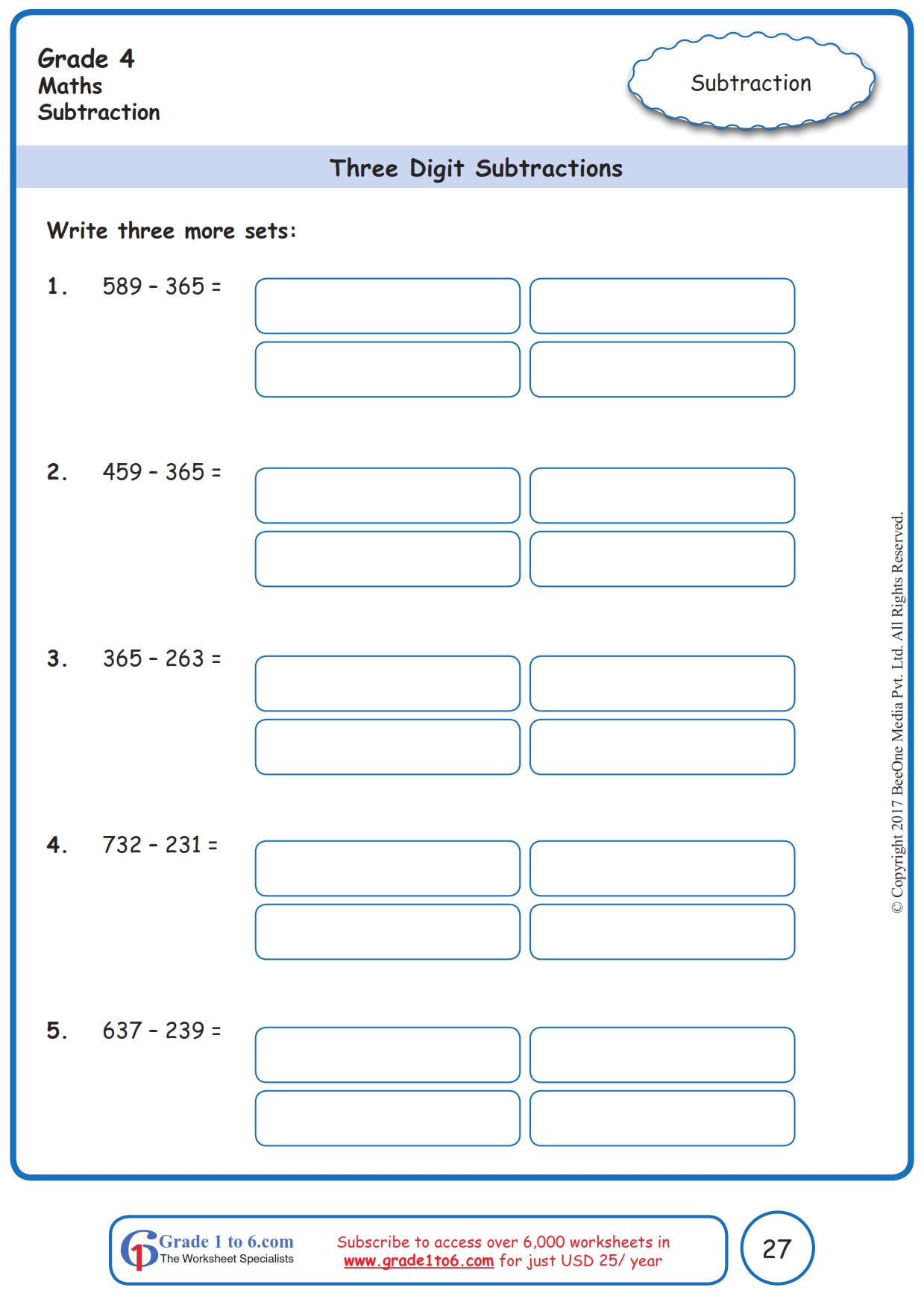 3 digits subtraction worksheets www grade1to6 com