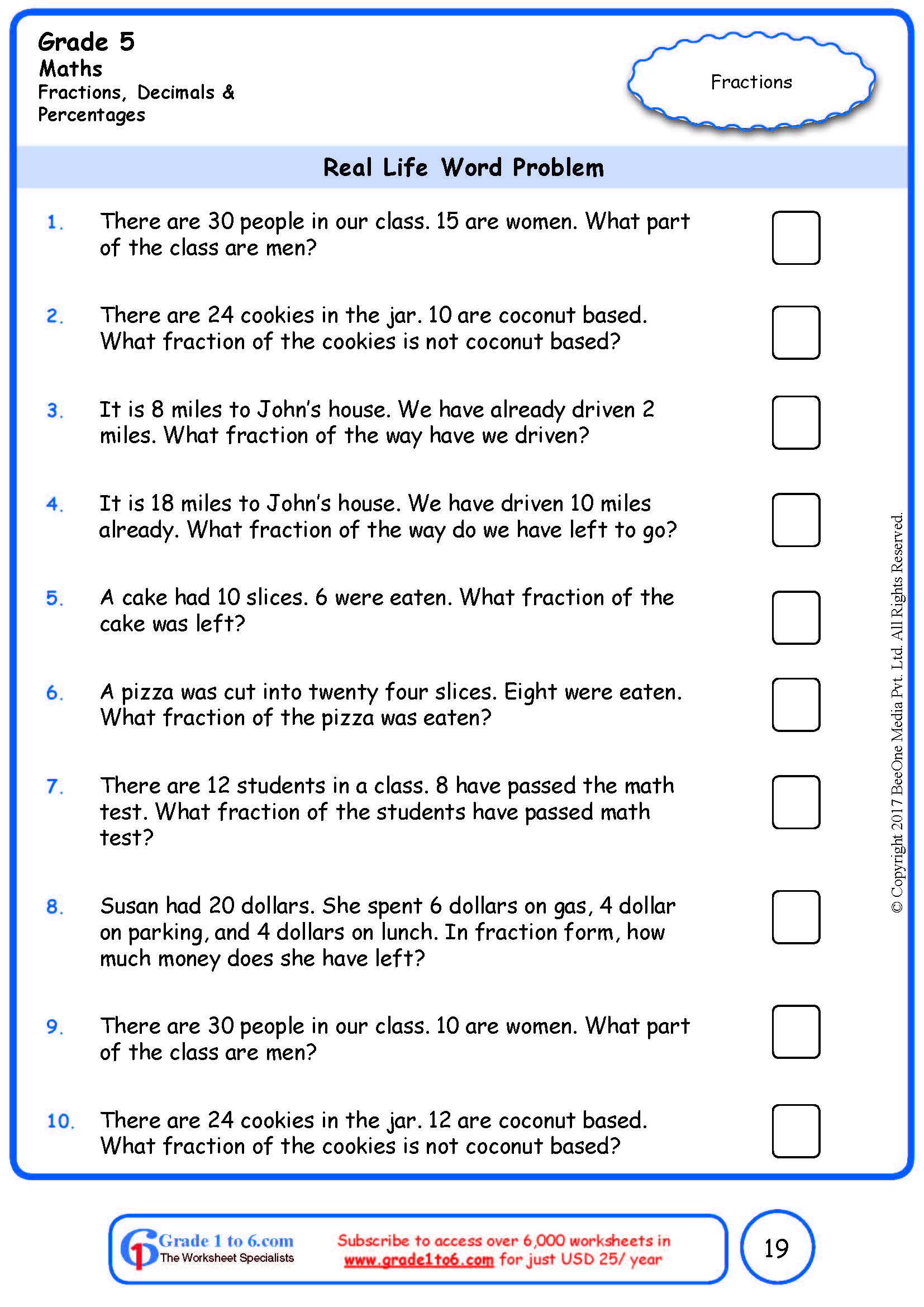 grade 5 word problems in fractions worksheets www grade1to6 com