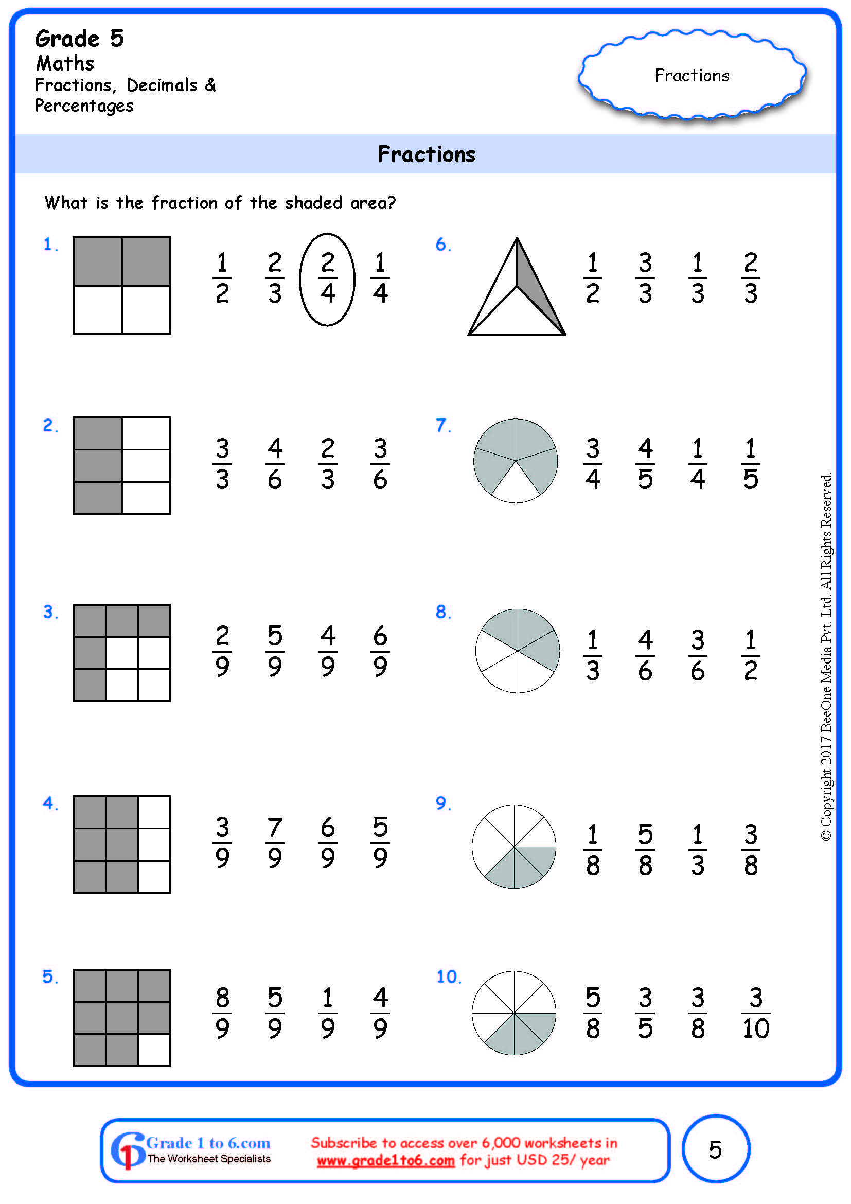 grade 5 fraction of shaded area worksheets www grade1to6 com