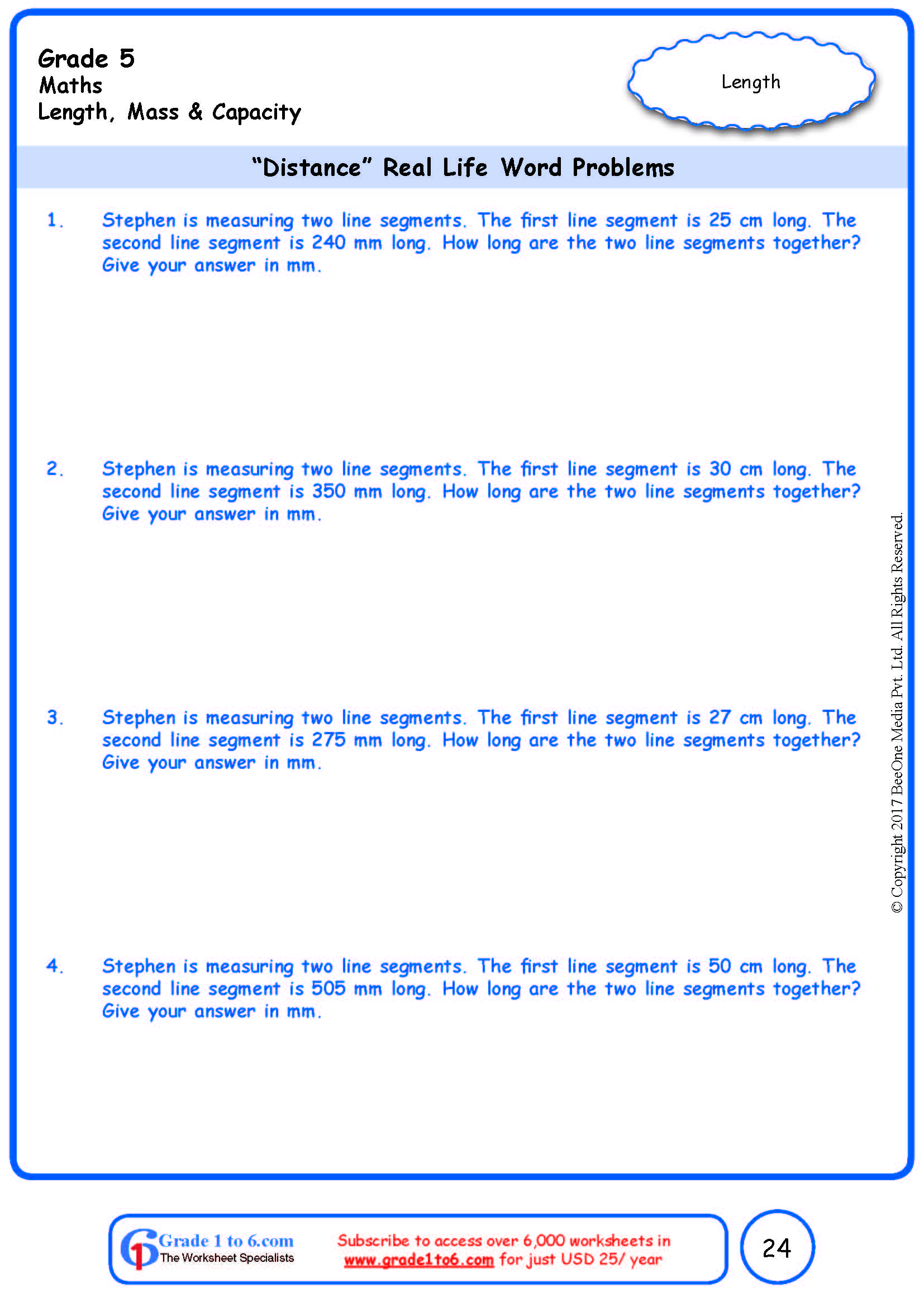 Grade 5 Word Problems In Distance Worksheets www grade1to6