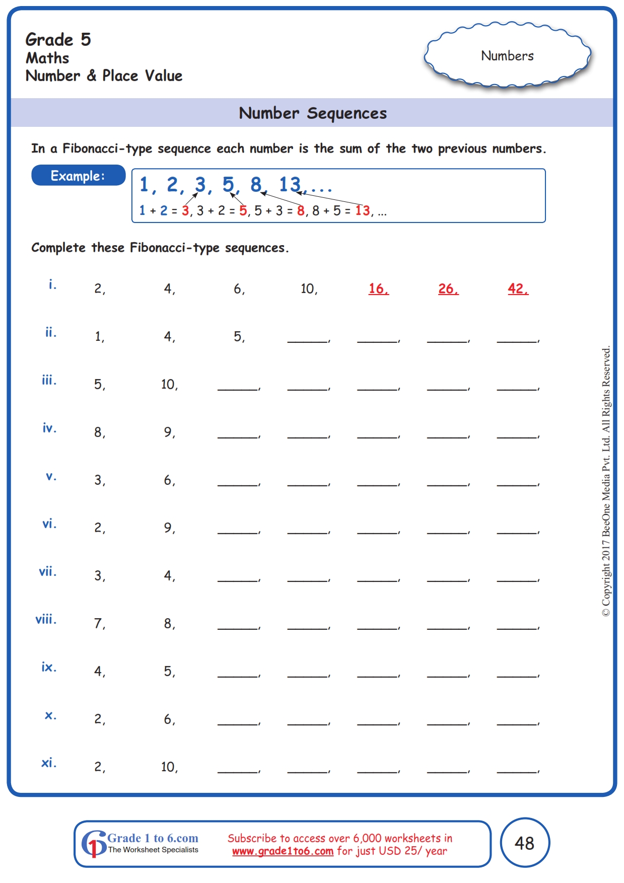 Fibonacci Pattern Worksheets www grade1to6