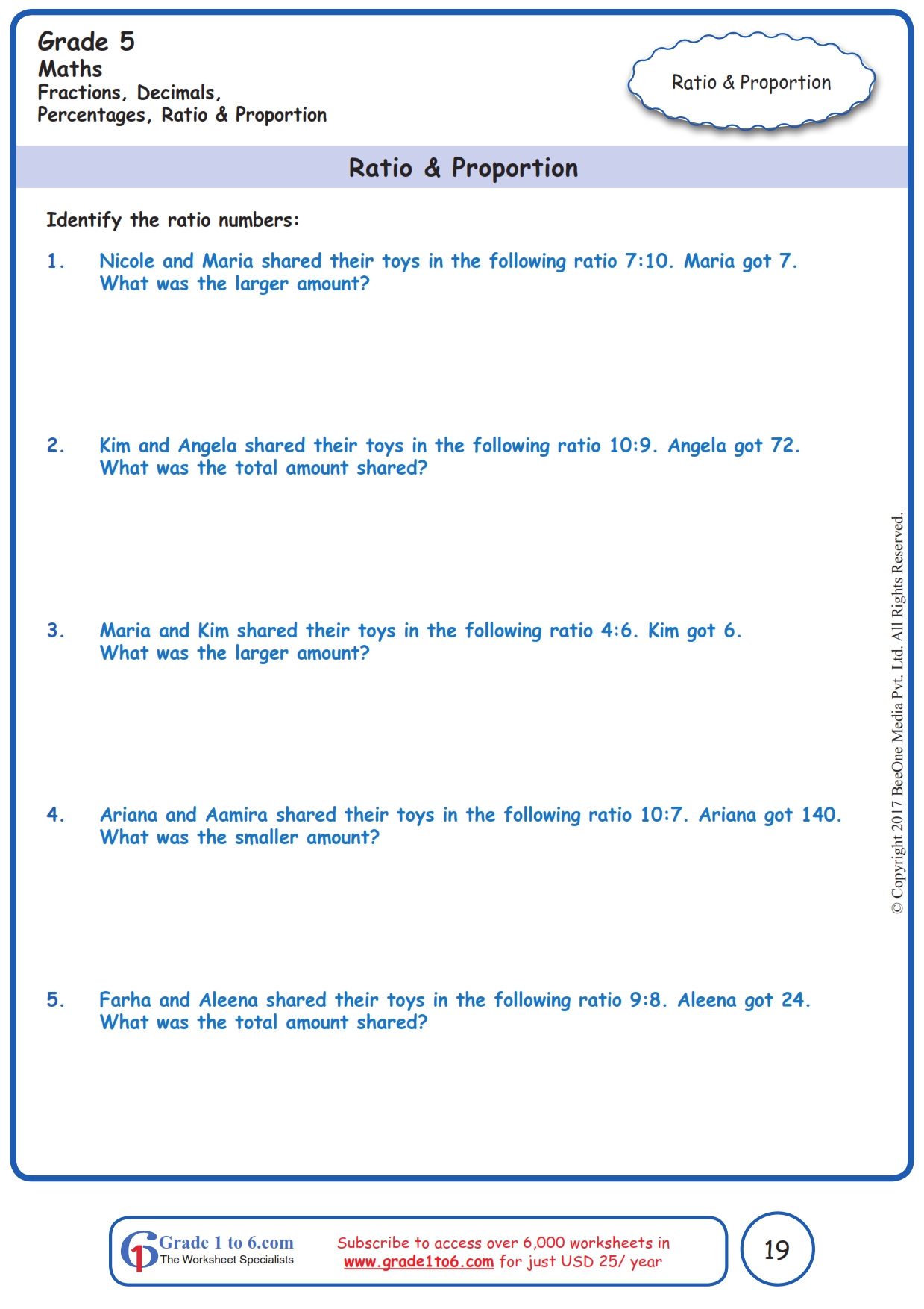 grade 5 ratio proportion word problems www grade1to6 com