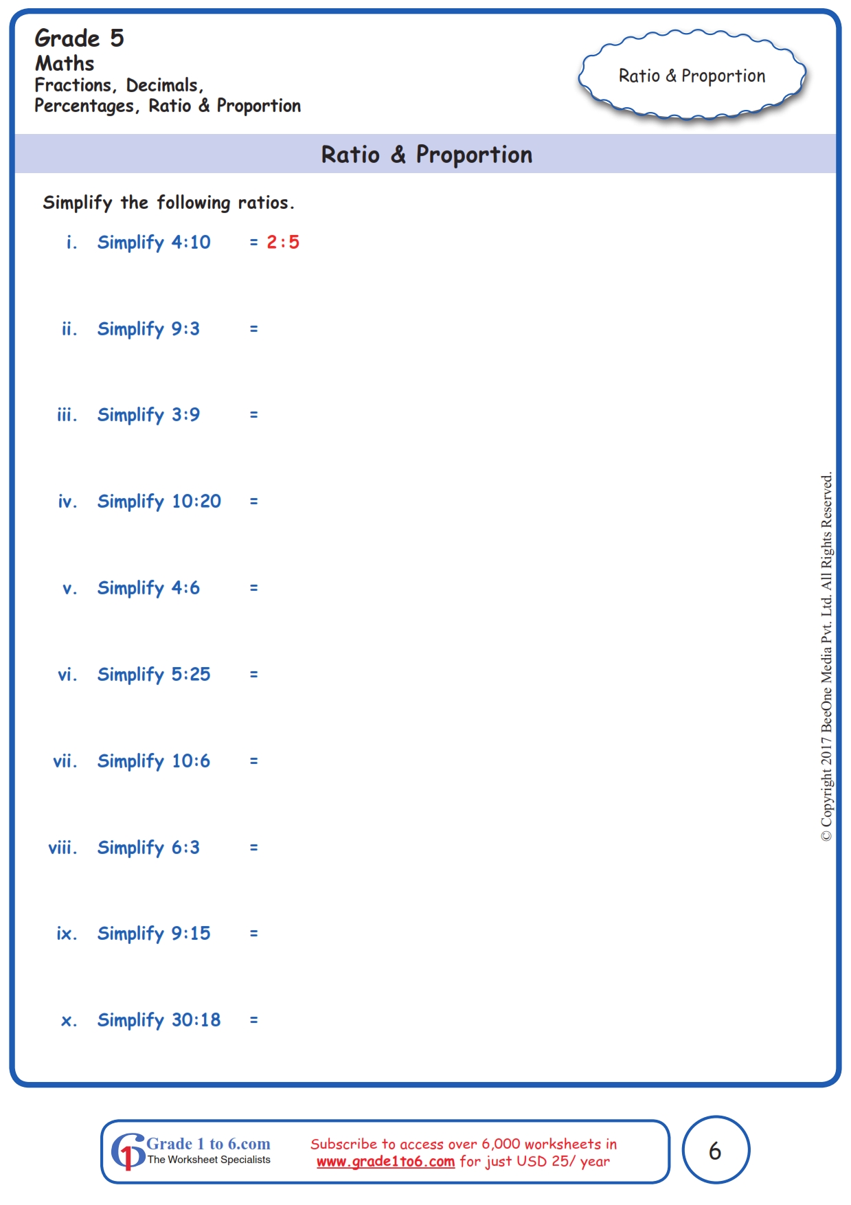 Grade 5 Simplifying Ratio Worksheets|www.grade1to6.com