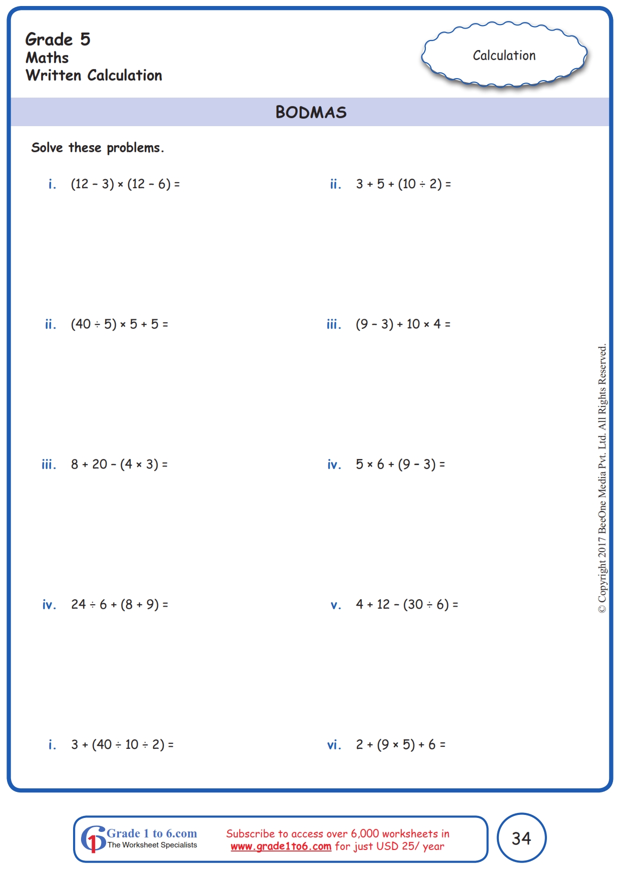 order of operations bodmas worksheets www grade1to6 com