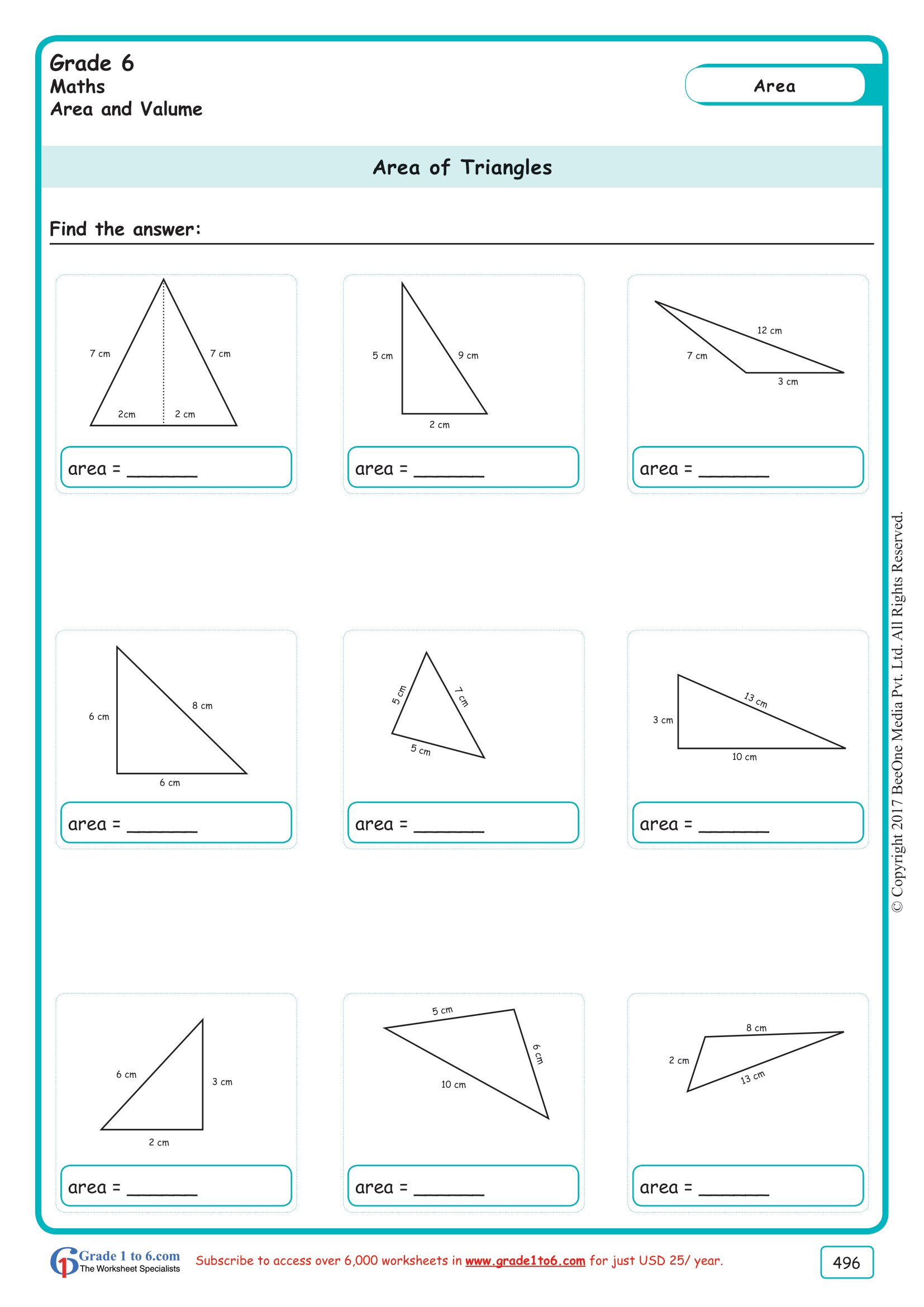 Area Of A Triangle Worksheets Grade 6 www grade1to6