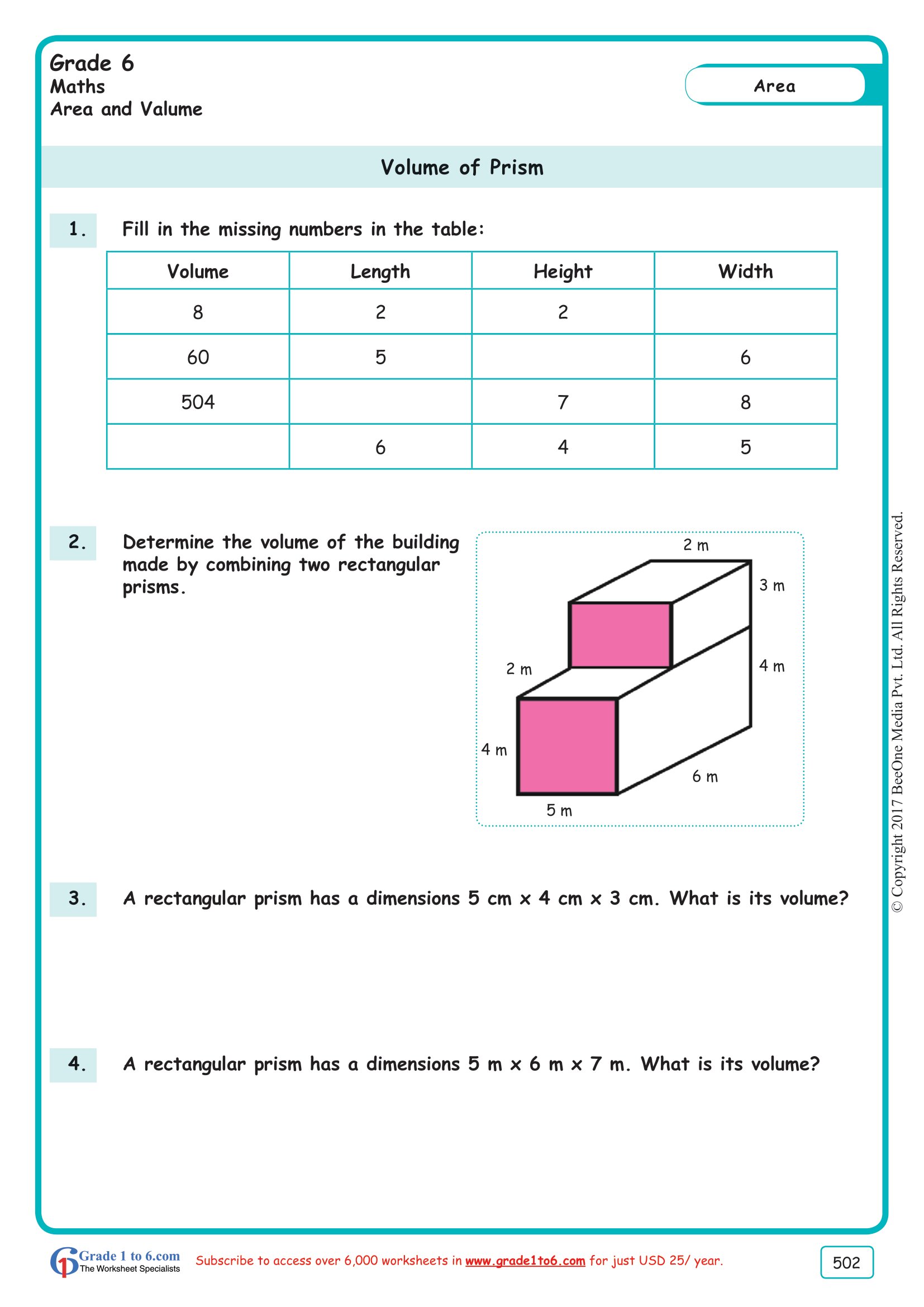 Volume of a Rectangular Prism Worksheets|www.grade1to6.com