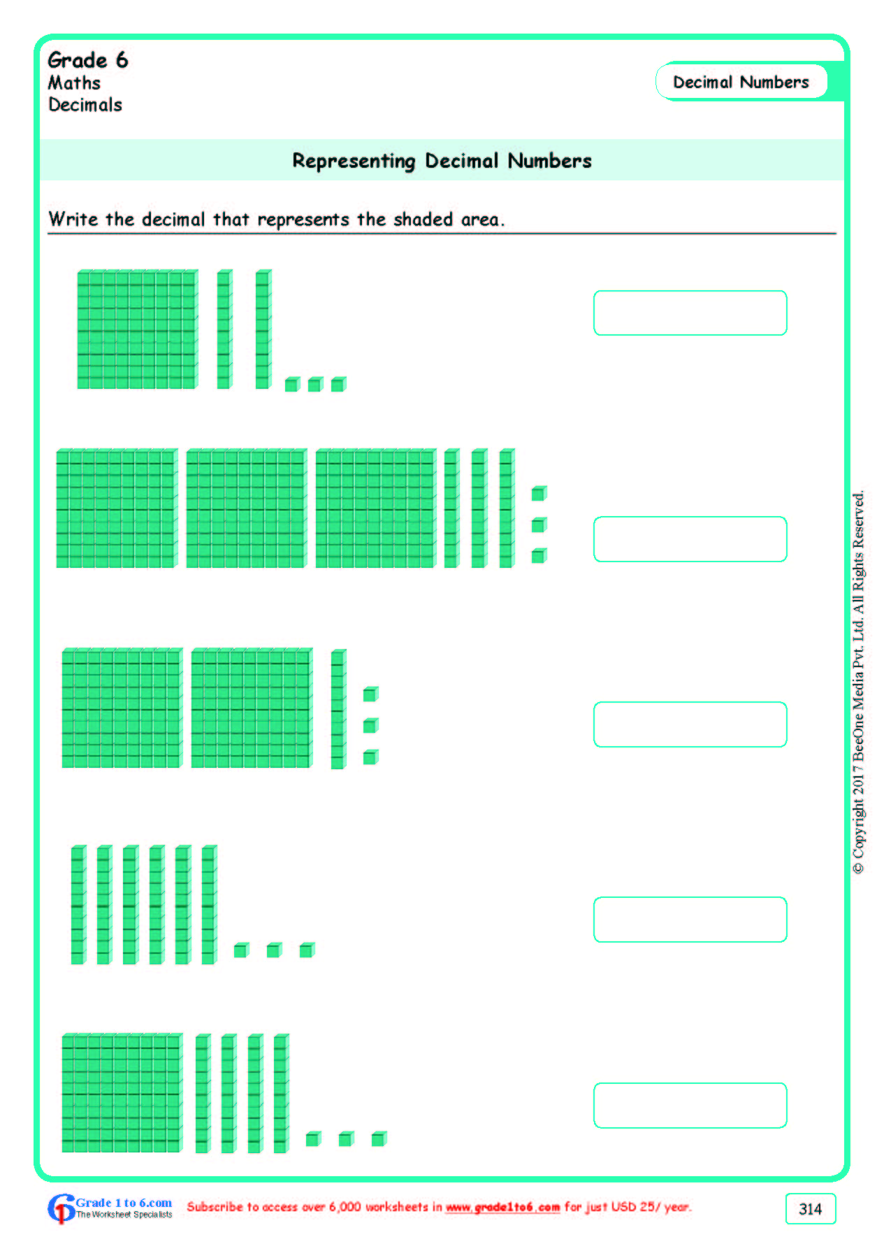 shaded part of decimals worksheets grade 6 www grade1to6 com