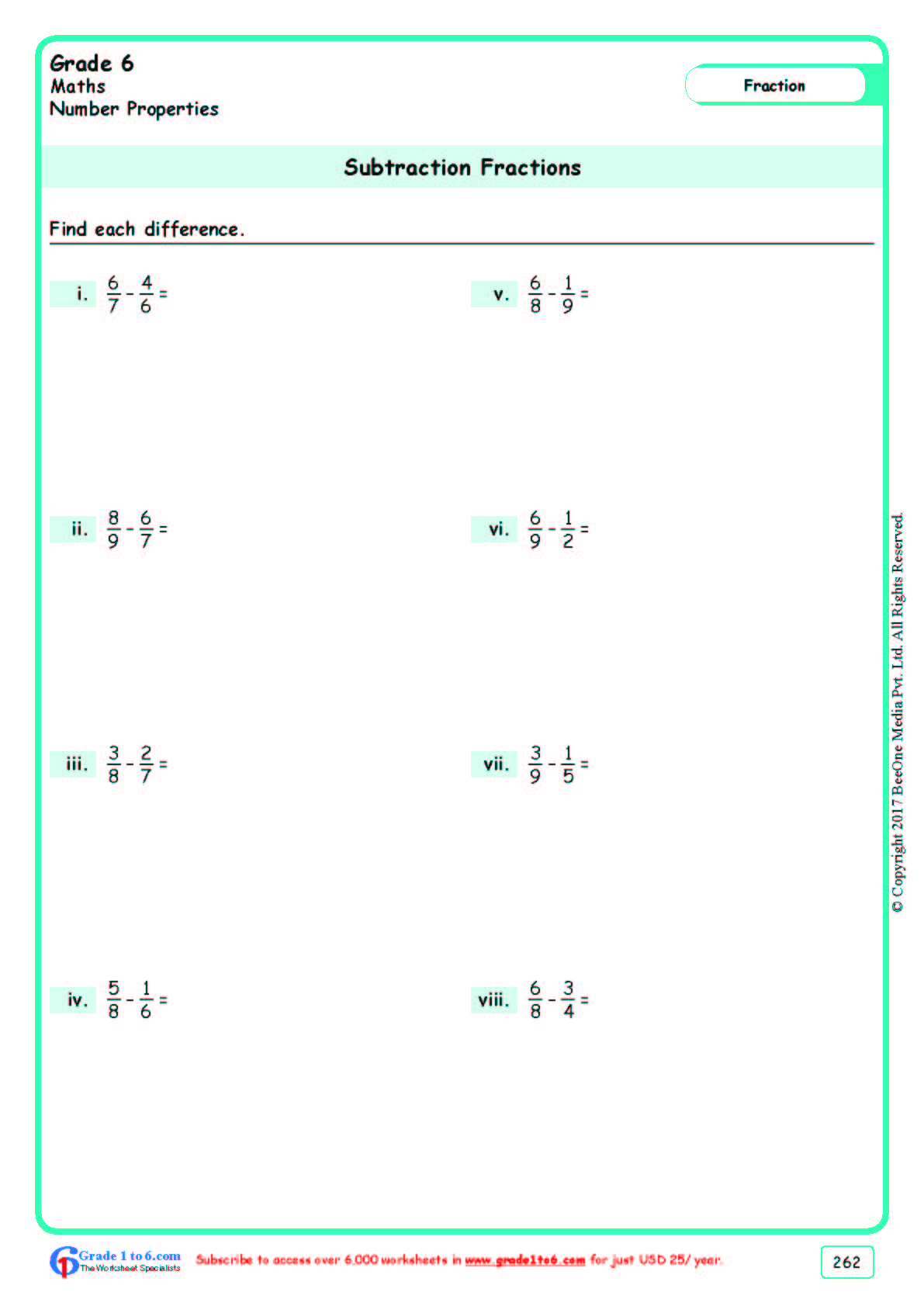 Grade 6|Subtracting Fractions Worksheets|www.grade1to6.com