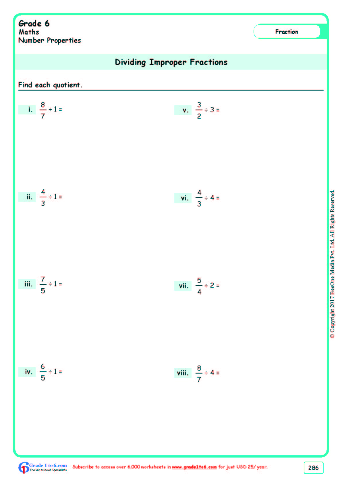 Grade 6|Dividing Fractions Worksheets|Www.grade1To6.Com