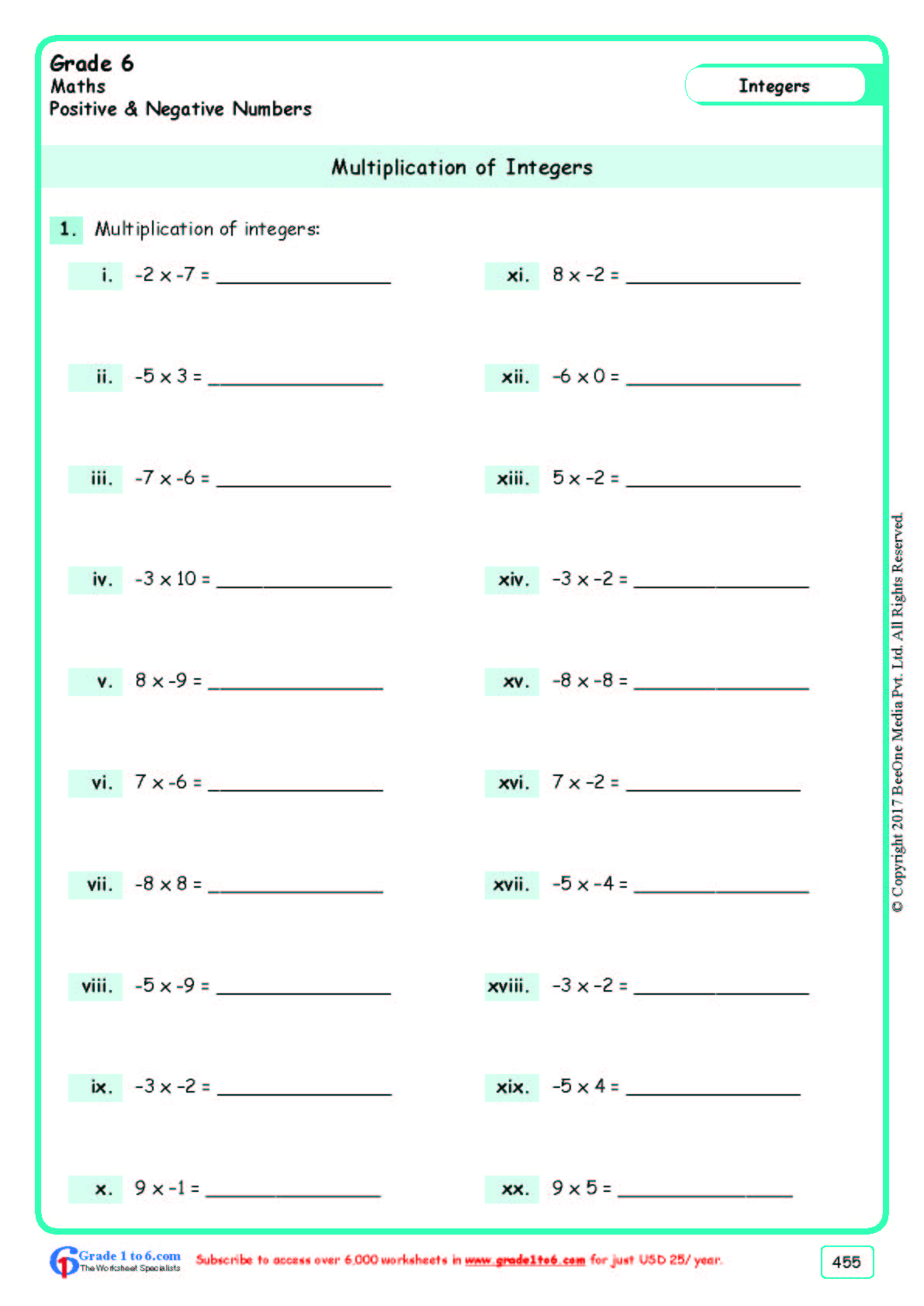 Multipliying Integers Worksheets Grade 6 www grade1to6