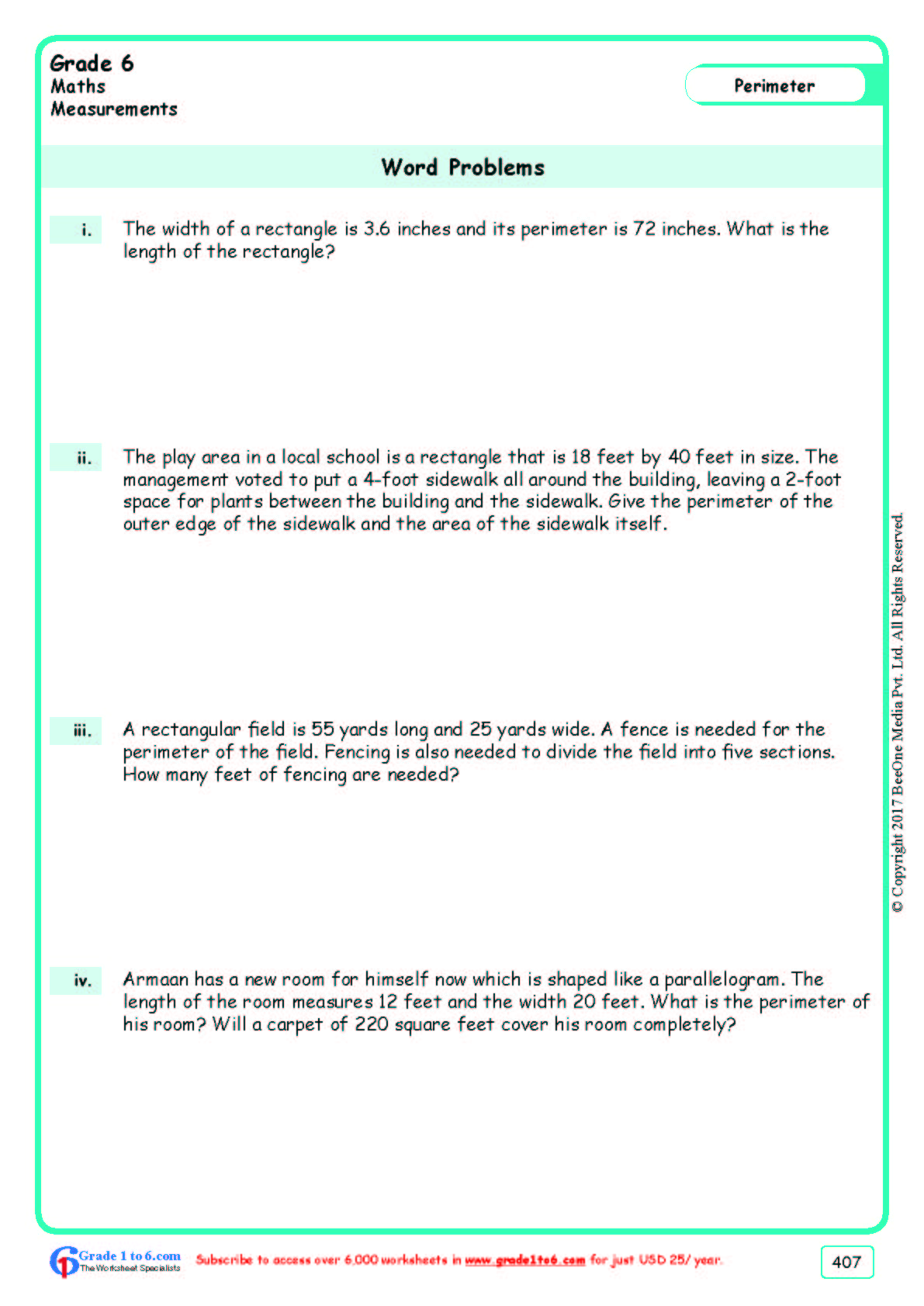 Perimeter Word Problems Worksheets|Www.grade1To6.Com