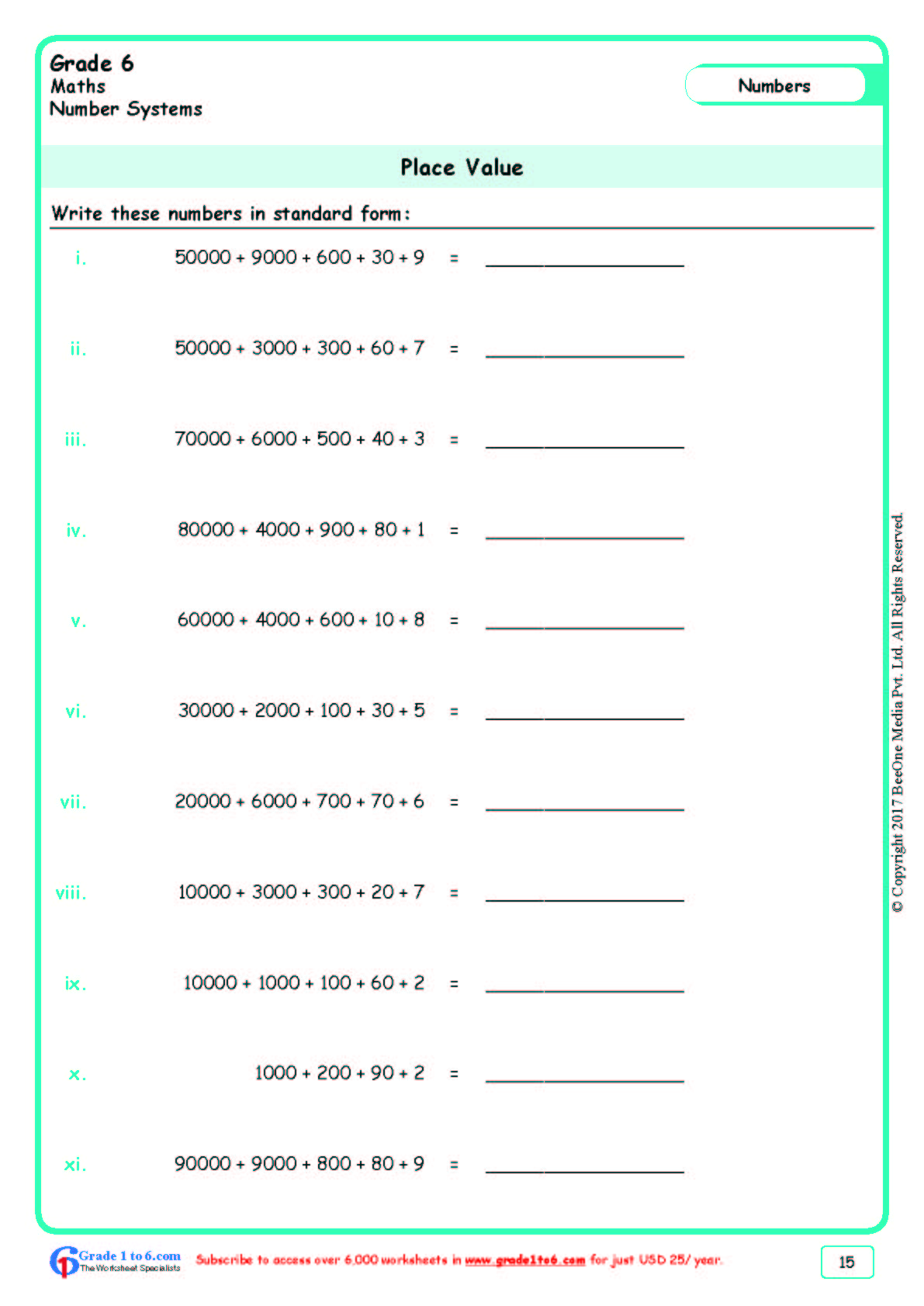 Grade 6|Place Value Worksheets|www.grade1to6.com