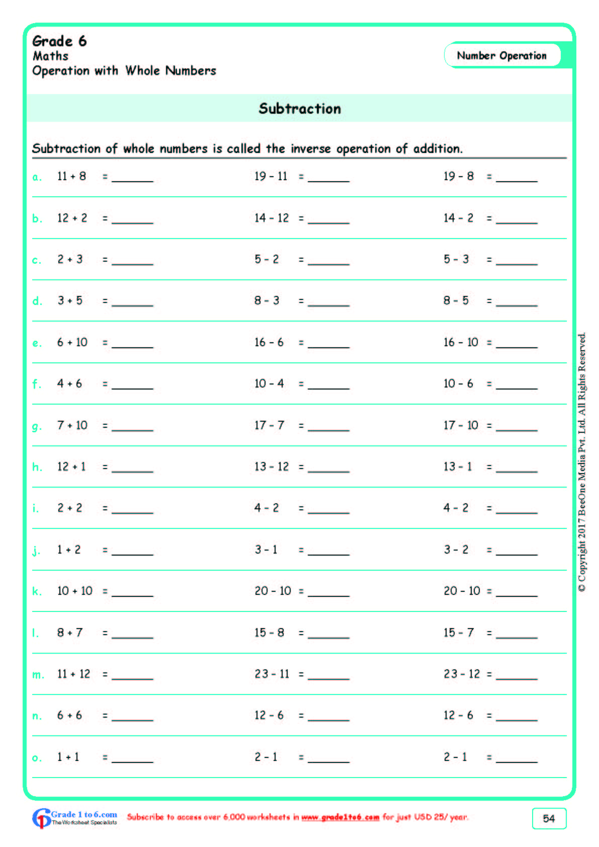 Grade 6 Subtraction Worksheets www grade1to6